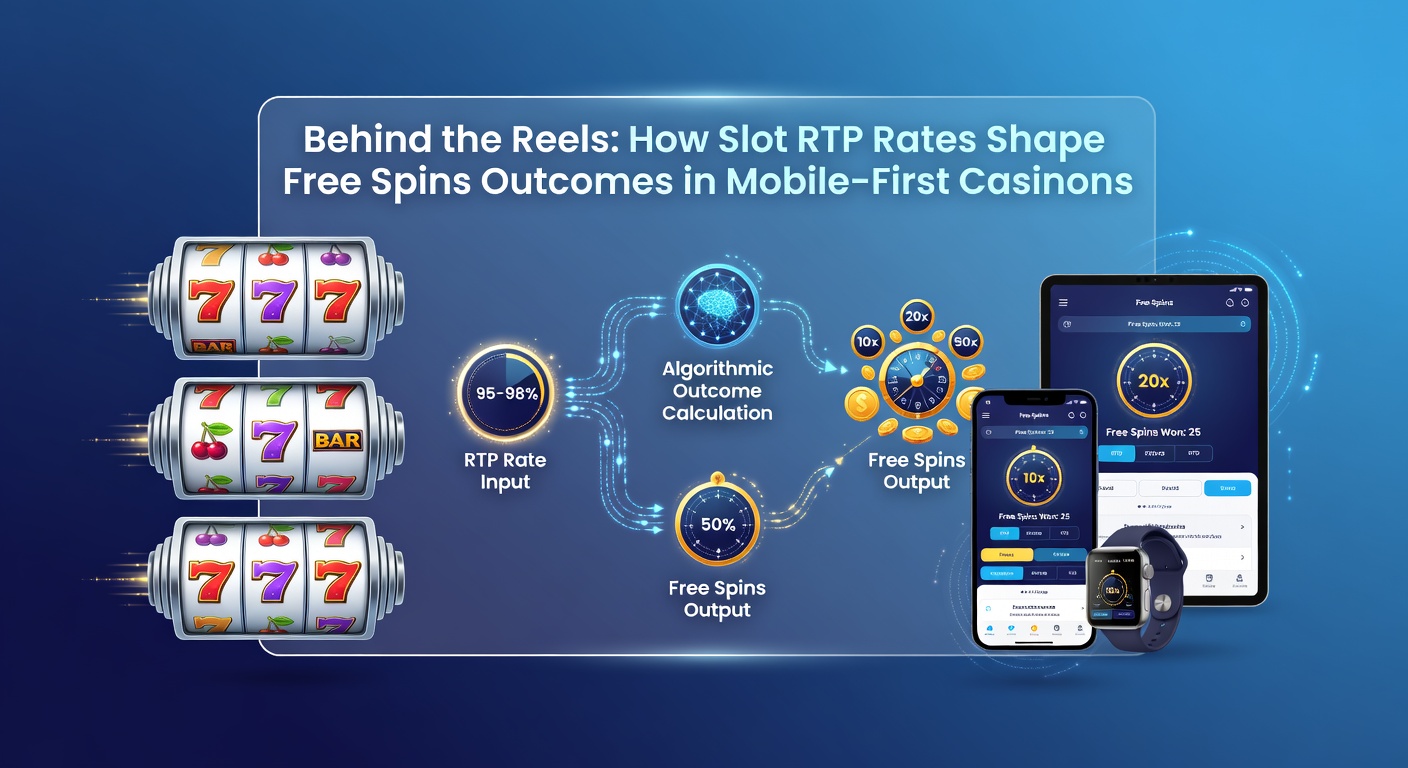 Dynamic slot machine reels spinning on a mobile screen, highlighting RTP percentages and free spins triggers in vibrant casino graphics