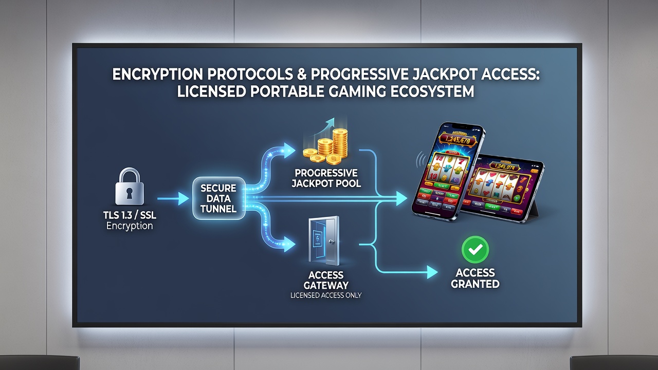 Network diagram illustrating encryption flow between mobile devices and progressive jackpot servers