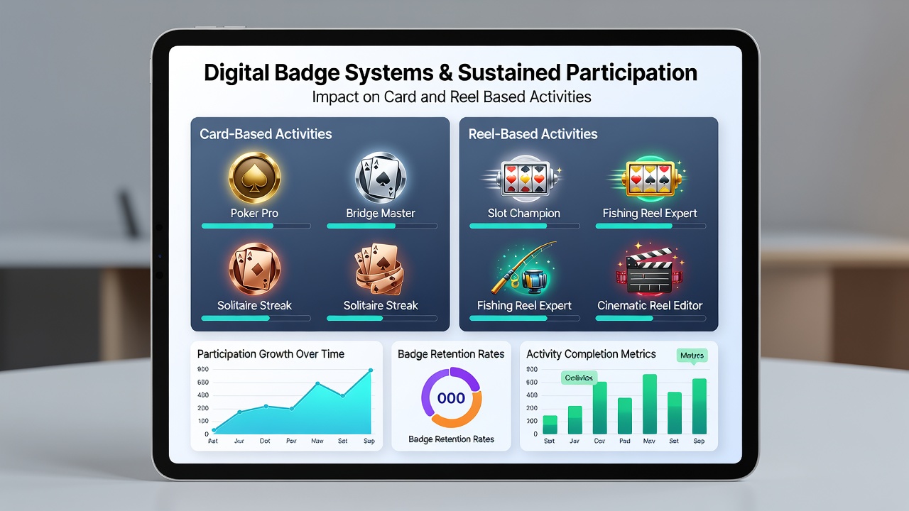 Participants reviewing digital badges on tablets during a reel activity workshop