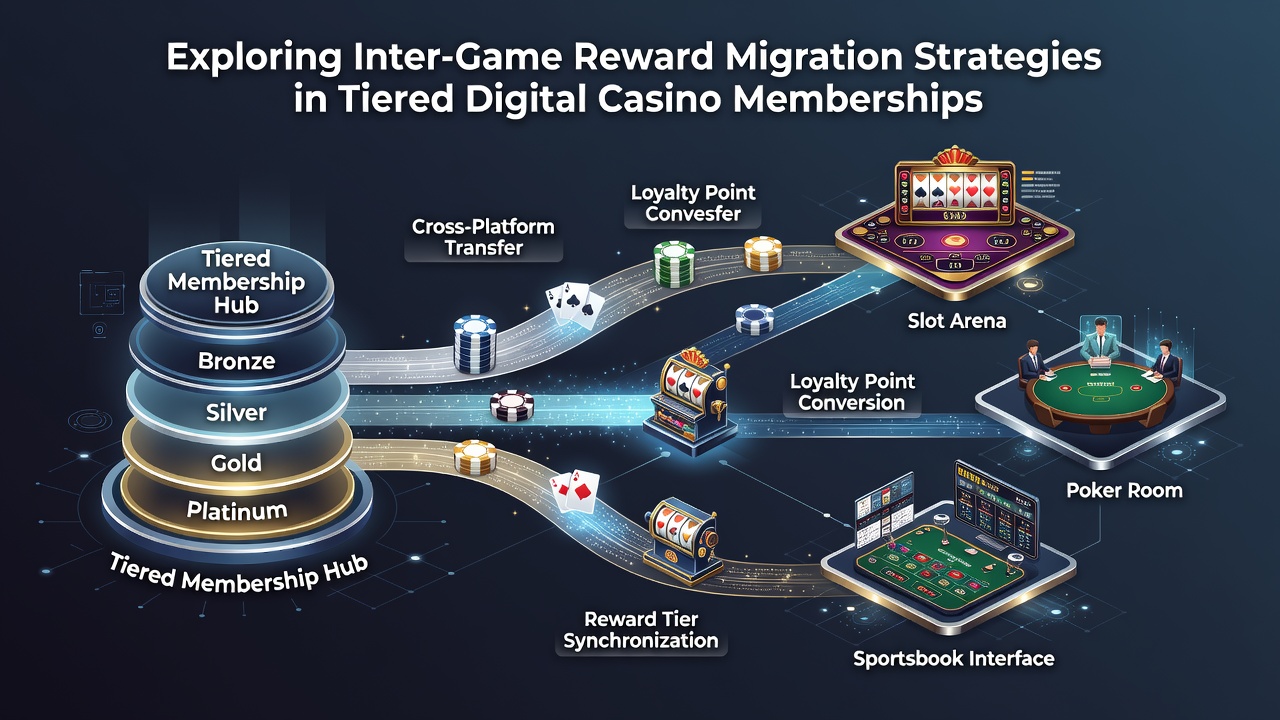 Analytics dashboard displaying inter-game point migration paths and tier progression graphs for casino loyalty members