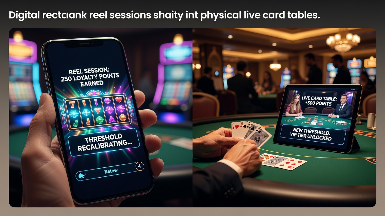 Mobile app interface showing seamless transition between slot reels and live card tables with loyalty progress indicators