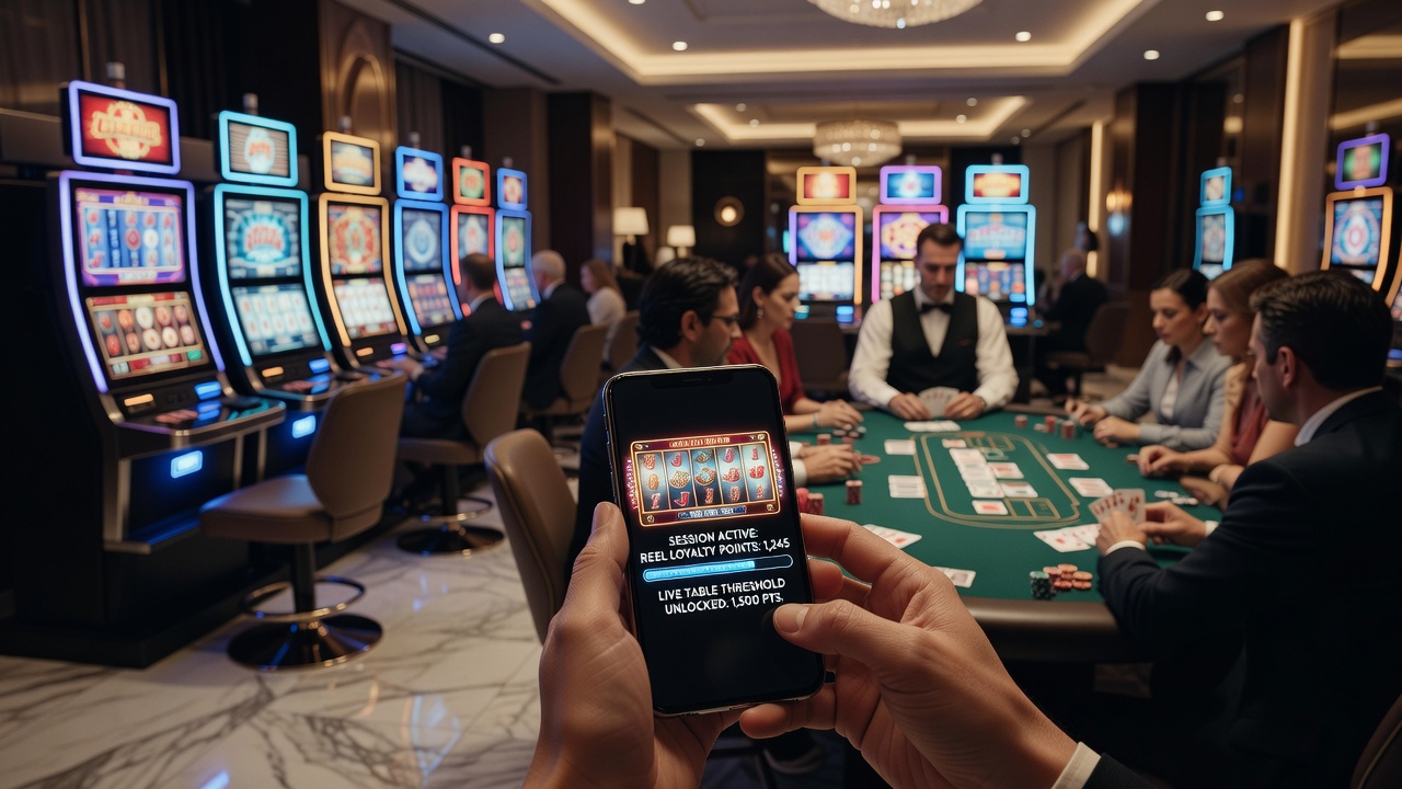 Player using handheld device at casino table with loyalty app overlay displaying recalibrated thresholds