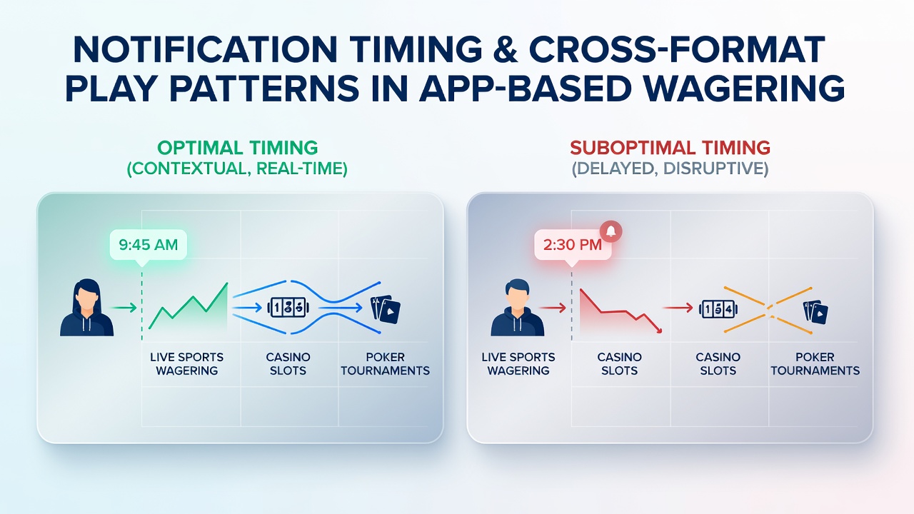 Analytics dashboard displaying cross-format play transitions triggered by notification timing in wagering apps