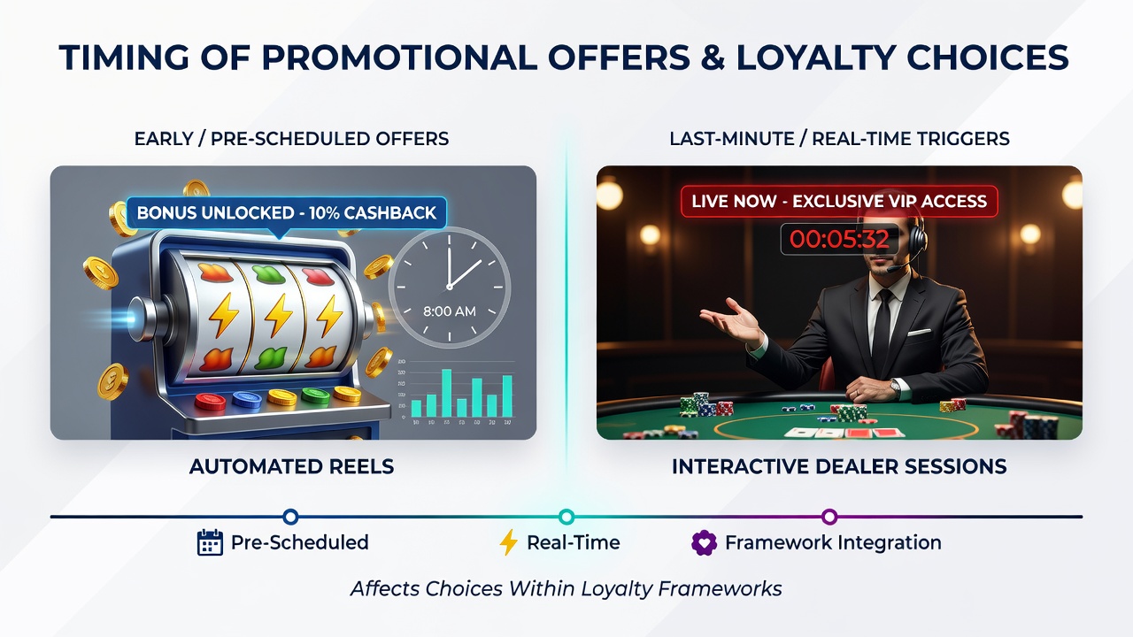 Diagram showing promotional offer timelines and their influence on slot versus live dealer game selections in casino loyalty programs