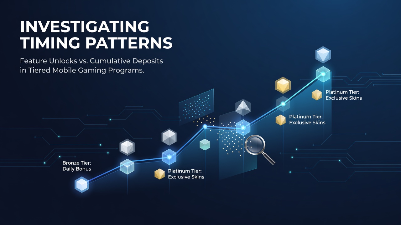 Data visualization showing timing patterns of feature unlocks plotted against cumulative deposit volumes in mobile gaming tier systems