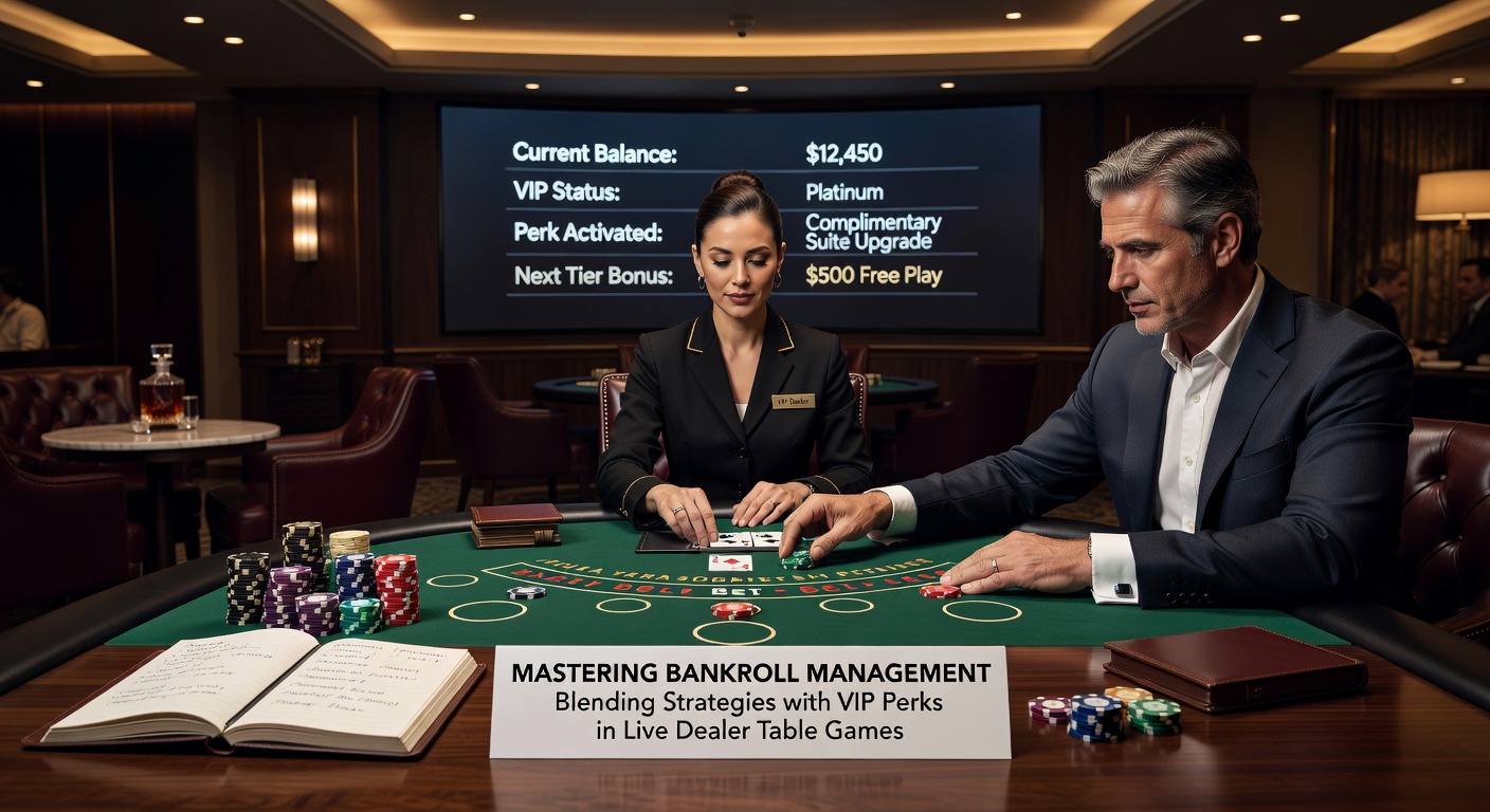 VIP lounge scene with a player consulting a host over a private live dealer roulette wheel, luxury chips and perks visible, illustrating how elite benefits enhance bankroll sustainability