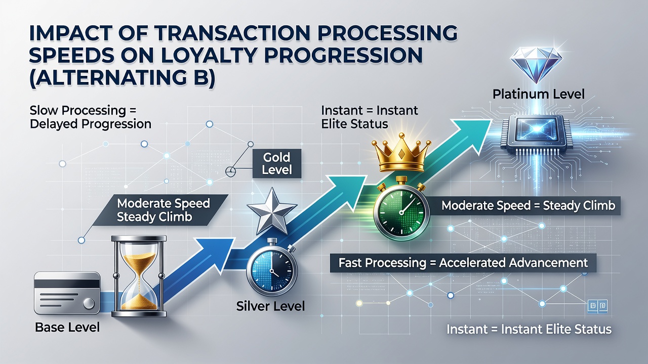 Data visualization comparing loyalty tier progression rates across fast and slow transaction processing scenarios on mobile devices