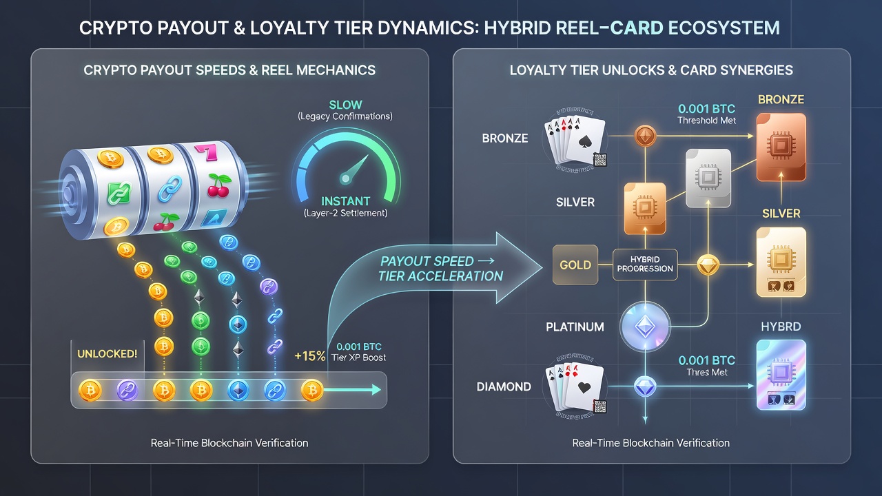 Mobile screen displaying loyalty tier progress alongside recent cryptocurrency payout confirmations in a hybrid casino app